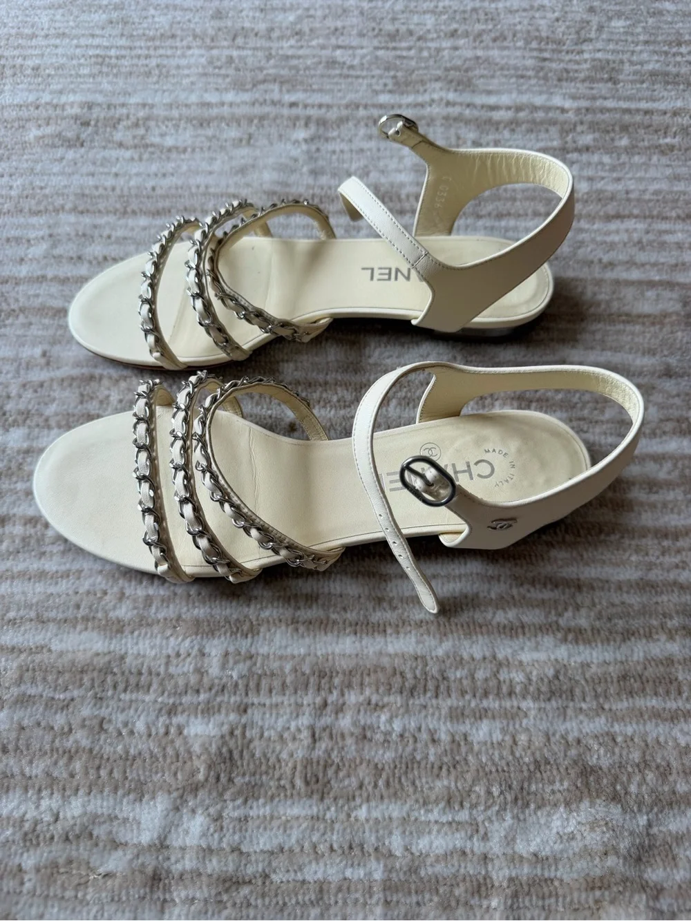 CHANEL Cream Leather Sandals with Silver Chain Straps and silver heel